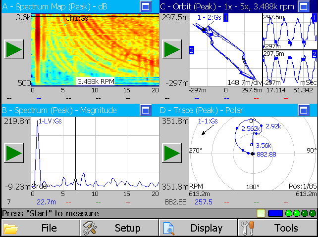 handheld vibration analyzer with Bode plot, polar plot, waterfall plot, and spectra map