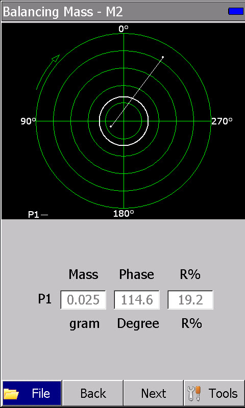 fieldpaq II vibration tester for field balancing displays mass polar plot per ISO 1940 standard